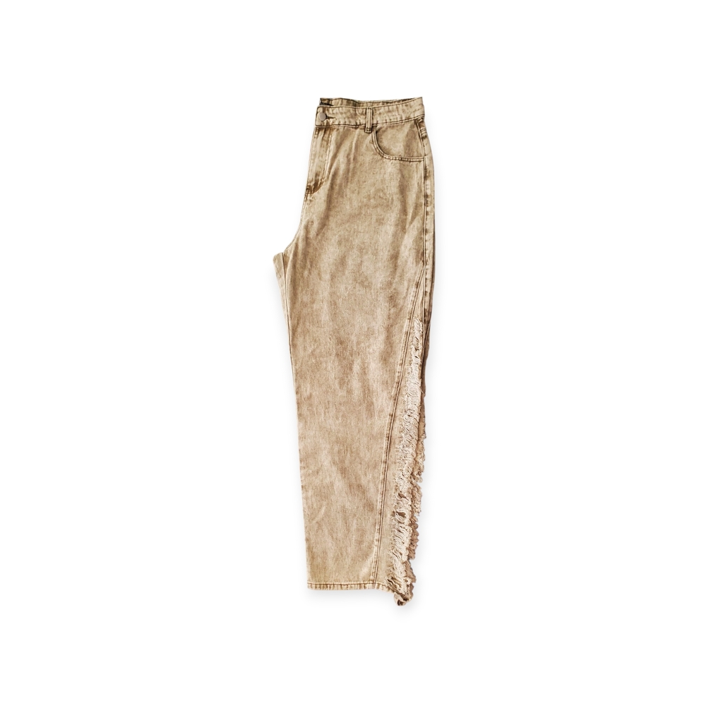 PrettyLittleThing Tan Straight Leg Jeans with Frayed Detail